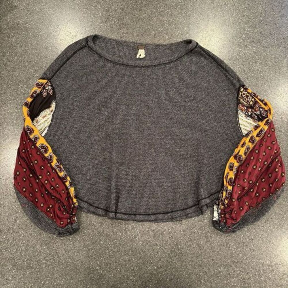 FREE‎ PEOPLE WE THE FREE Blossom PatchworkBalloon-Sleeve Thermal Sweater Gray S